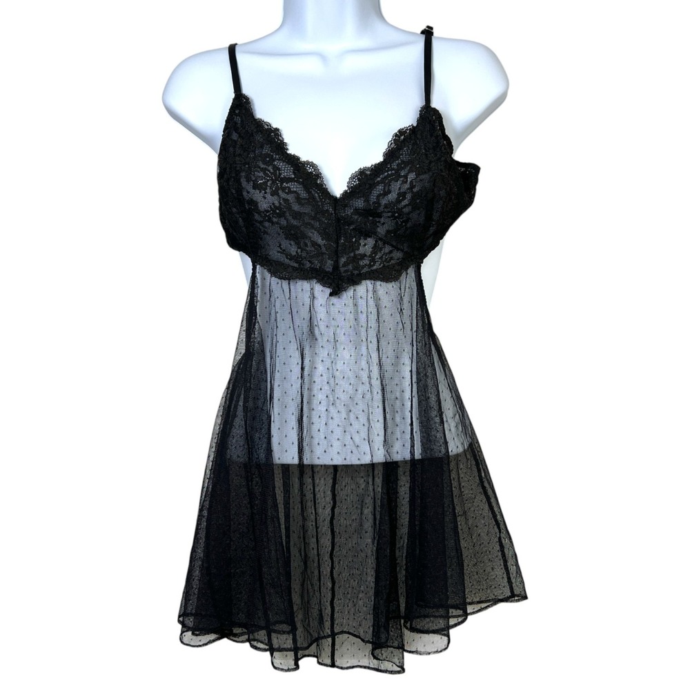 Victorias Secret Black Lace Open Back Sheer Babydoll Nightie Size M‎ Lingerie